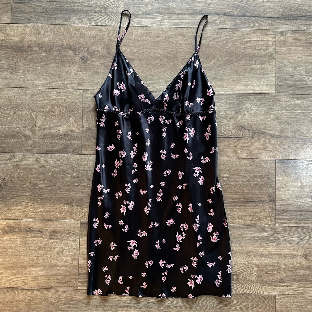 Victoria’s Secret Black Chemise Slip Dress with Pink Floral Print